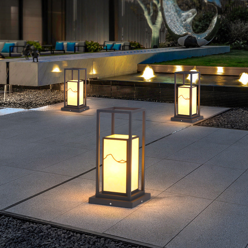 Modern Metal Pillar Lamp Rectangle Shape Outdoor Waterproof Light in Black