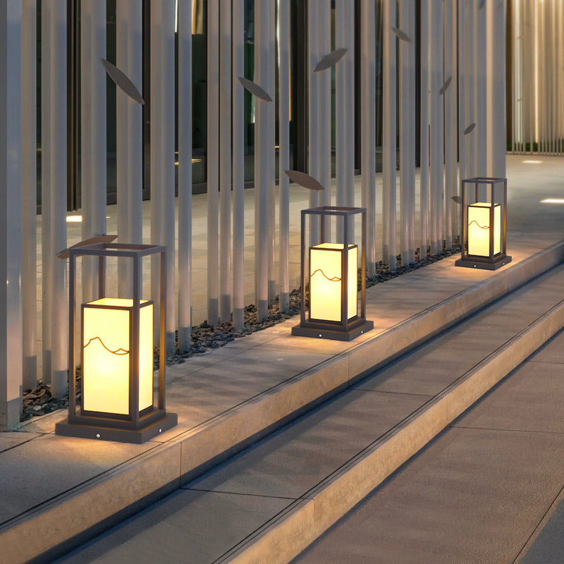 Modern Metal Pillar Lamp Rectangle Shape Outdoor Waterproof Light in Black