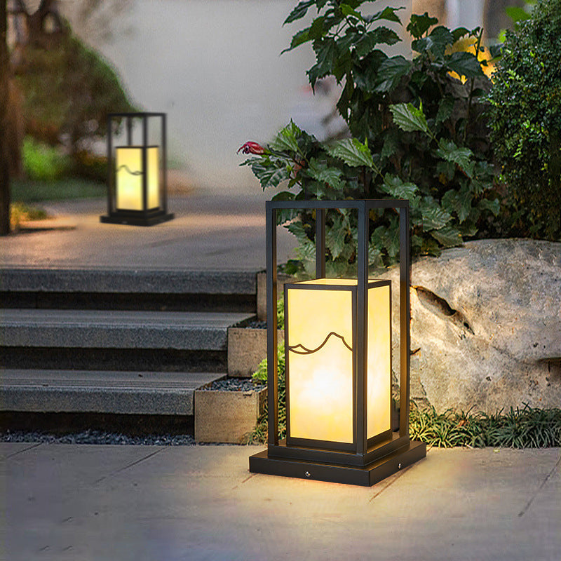 Modern Metal Pillar Lamp Rectangle Shape Outdoor Waterproof Light in Black