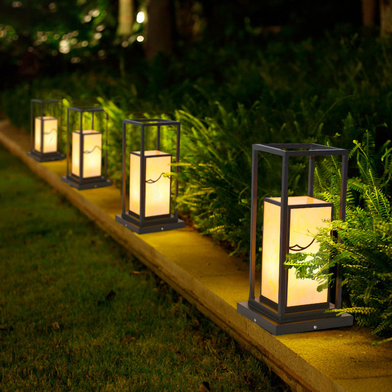 Modern Metal Pillar Lamp Rectangle Shape Outdoor Waterproof Light in Black