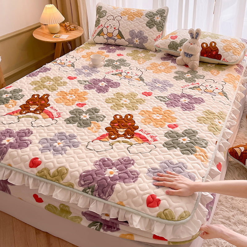 Popular Fitted Sheet Floral Printed Ruffle Detail Non-Pilling Flannel Fitted Sheet