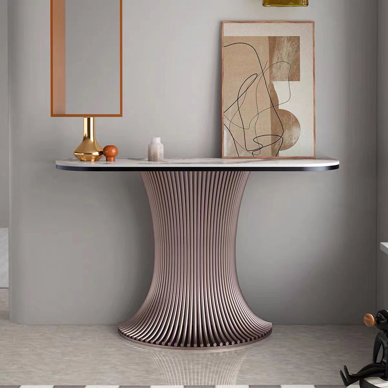 Contemporary Stone Accent Table Half Moon Pink Sofa Console Table for Hall