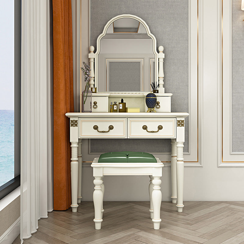 Victorian Solid Wood Vanity Makeup Dressing Table Stool Set with Mirror in White