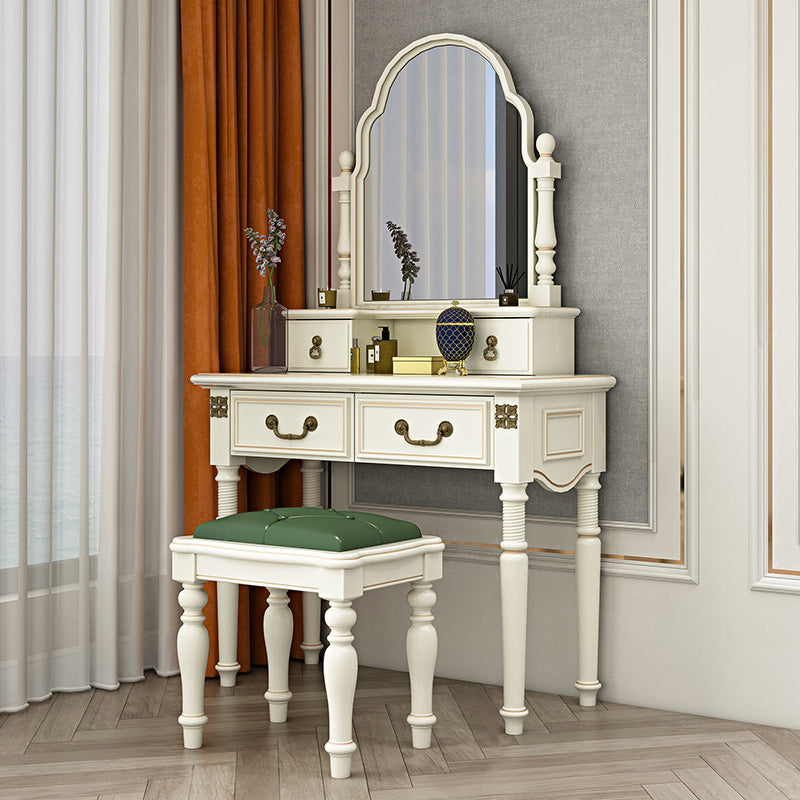 Victorian Solid Wood Vanity Makeup Dressing Table Stool Set with Mirror in White