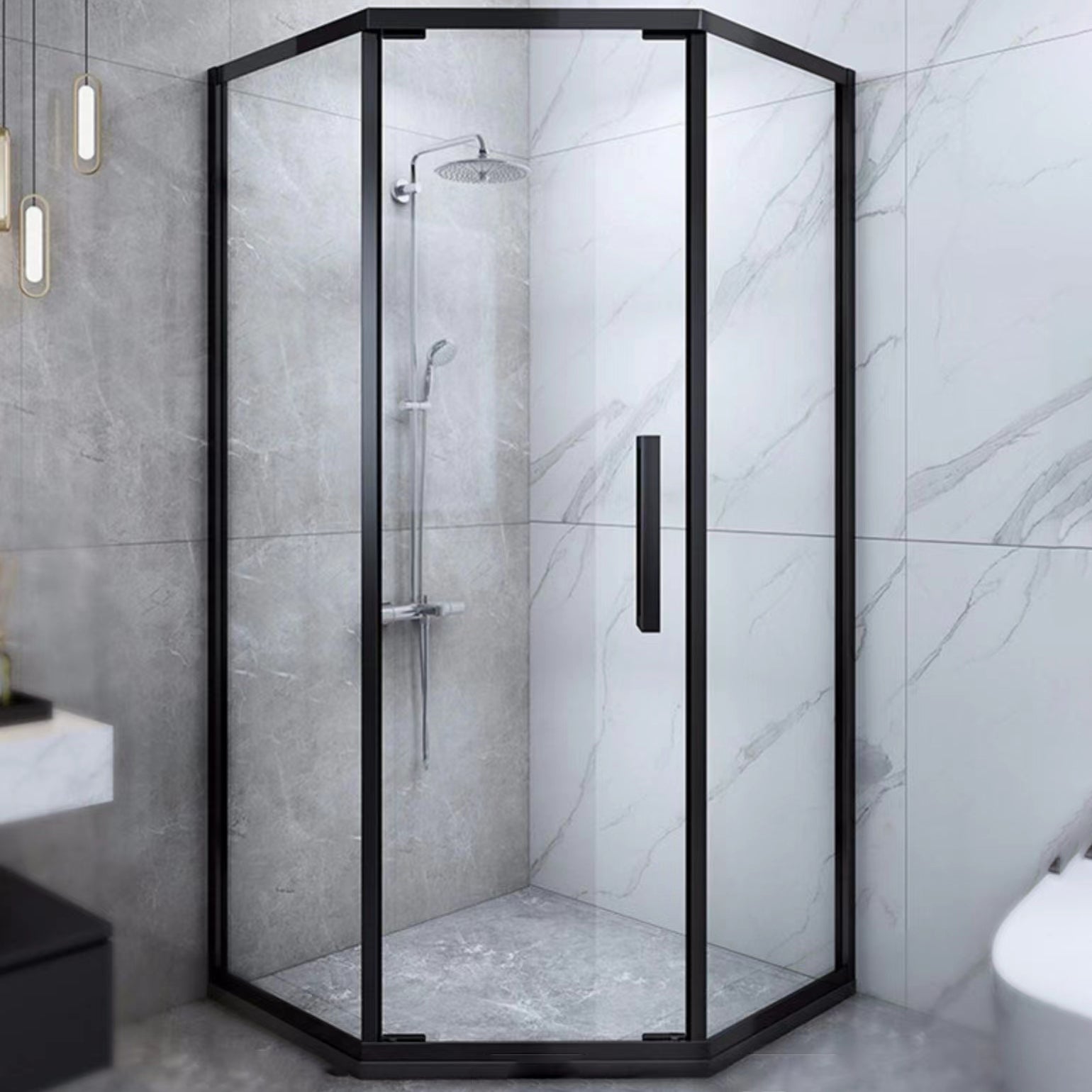 Black Full Frame Shower Screen Diamond Shape Tempered Glass Shower Door