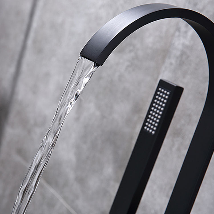 Contemporary Brass Freestanding Tub Filler with Hose Floor Mounted Bathroom Faucet