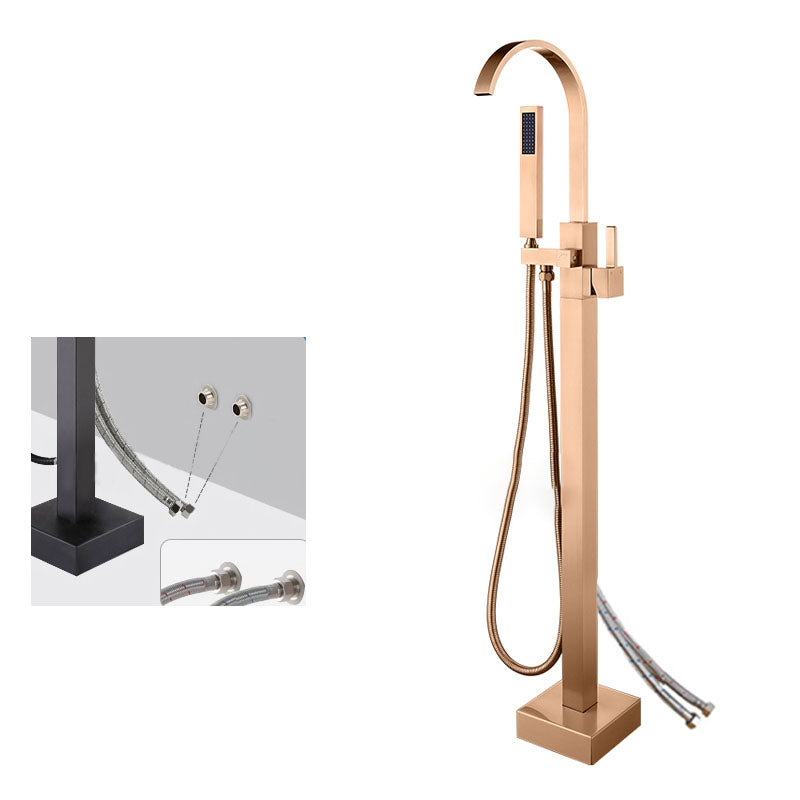 Contemporary Brass Freestanding Tub Filler with Hose Floor Mounted Bathroom Faucet