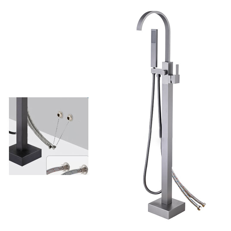 Contemporary Brass Freestanding Tub Filler with Hose Floor Mounted Bathroom Faucet
