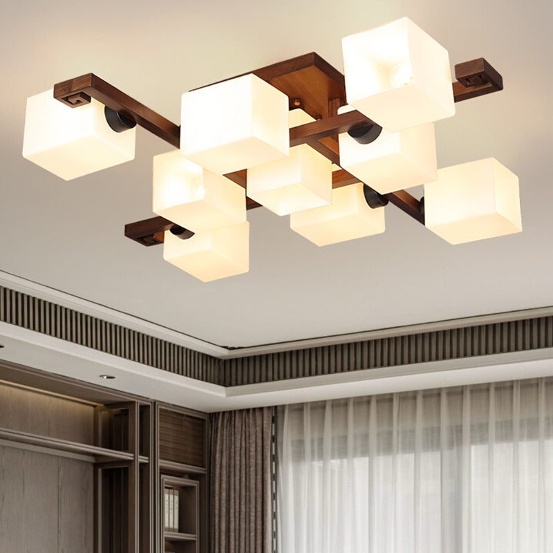 Brown Modern Wood Flush Mount Geometric Shape Ceiling Lamp with Acrylic Shade for Bedroom