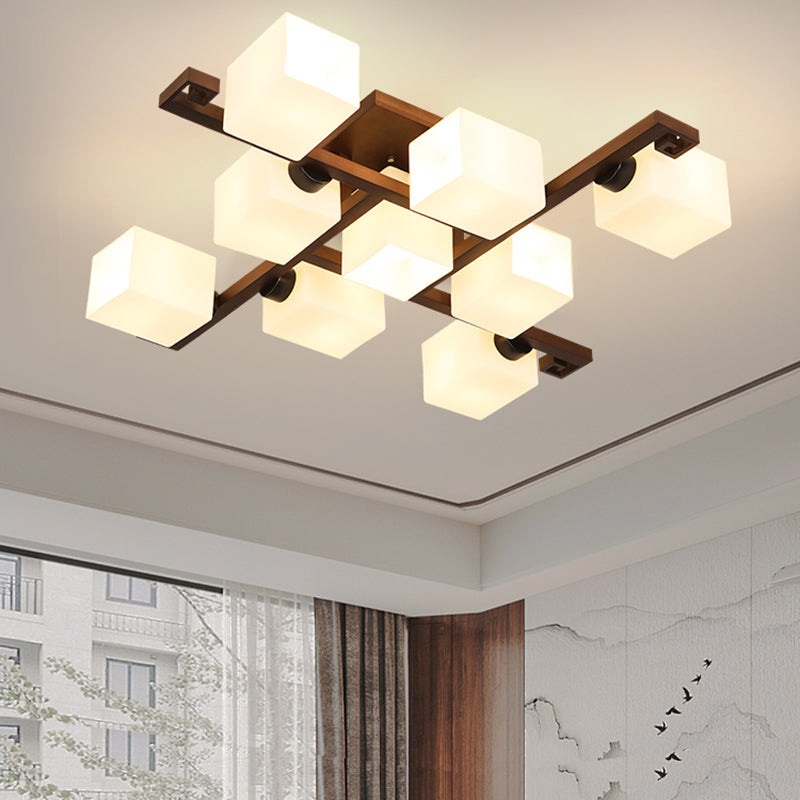 Brown Modern Wood Flush Mount Geometric Shape Ceiling Lamp with Acrylic Shade for Bedroom