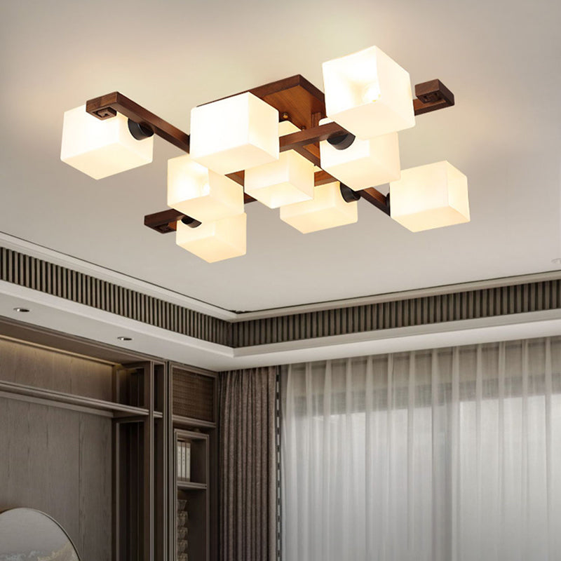 Brown Modern Wood Flush Mount Geometric Shape Ceiling Lamp with Acrylic Shade for Bedroom
