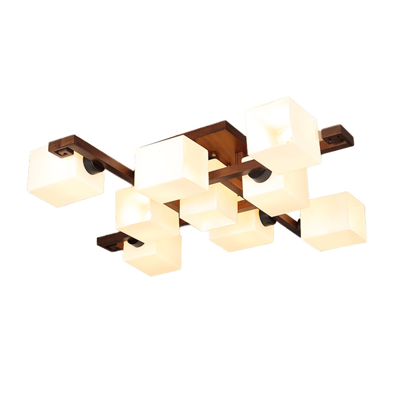 Brown Modern Wood Flush Mount Geometric Shape Ceiling Lamp with Acrylic Shade for Bedroom
