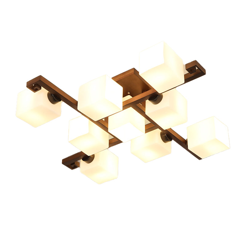 Brown Modern Wood Flush Mount Geometric Shape Ceiling Lamp with Acrylic Shade for Bedroom