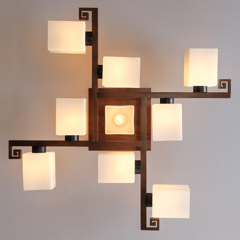 Brown Modern Wood Flush Mount Geometric Shape Ceiling Lamp with Acrylic Shade for Bedroom