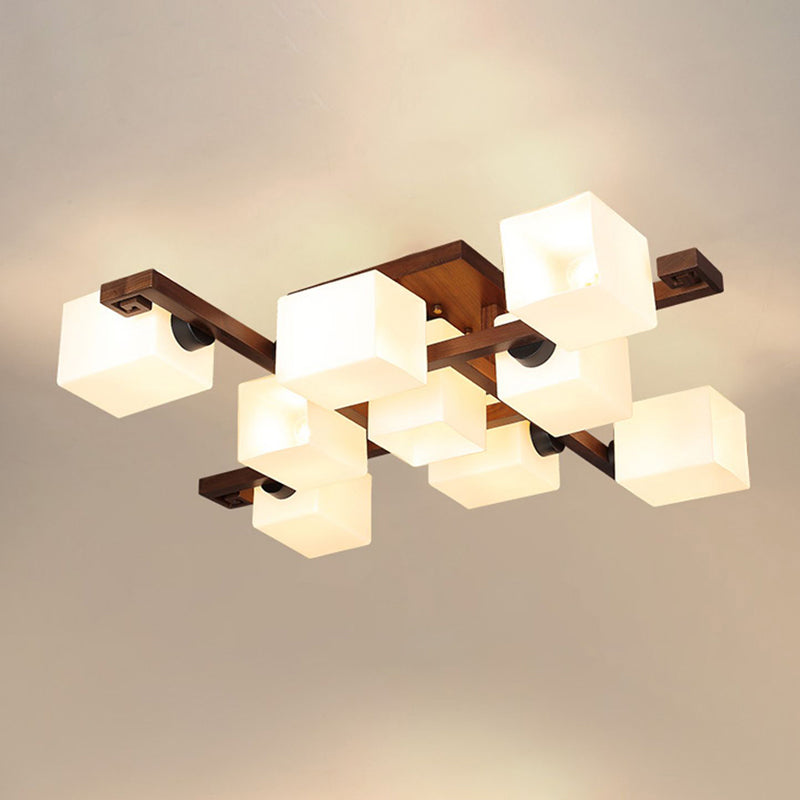 Brown Modern Wood Flush Mount Geometric Shape Ceiling Lamp with Acrylic Shade for Bedroom