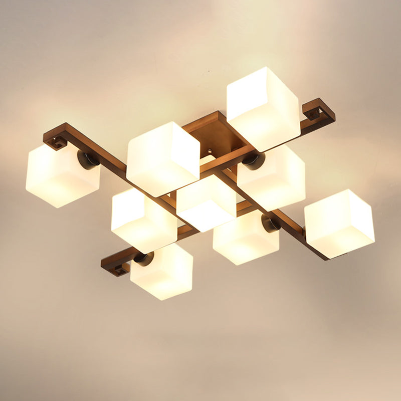 Brown Modern Wood Flush Mount Geometric Shape Ceiling Lamp with Acrylic Shade for Bedroom
