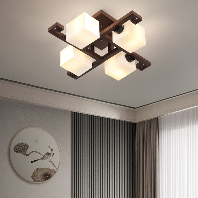 Square Shape Wood Flush Light Modern Style Multi Lights Flush Mount Fixture