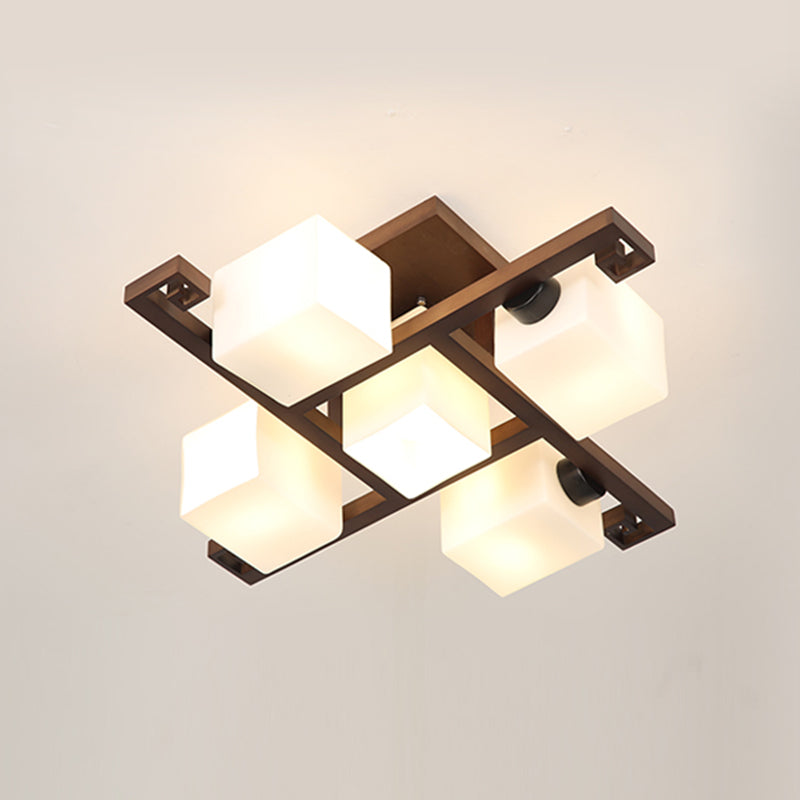 Square Shape Wood Flush Light Modern Style Multi Lights Flush Mount Fixture