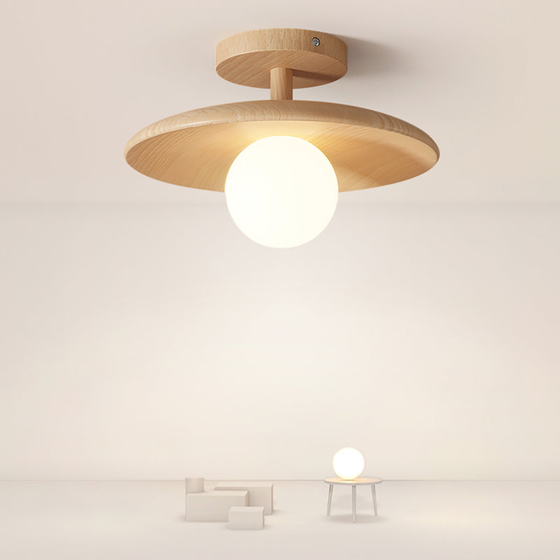 1-Light Ceiling Light Wooden Ceiling Mount Light with Glass Shade for Bedroom