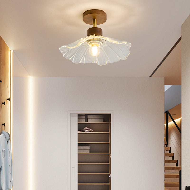 Modern Ceiling Lamp Wooden Flush Mount Light Fixture with Glass Shade for Bedroom