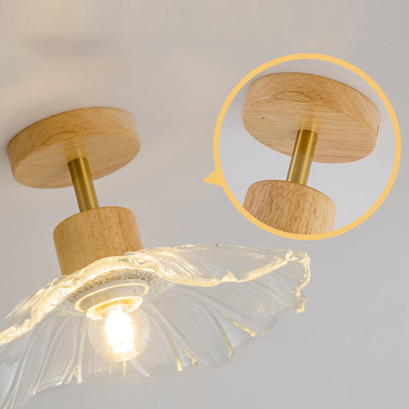 Modern Ceiling Lamp Wooden Flush Mount Light Fixture with Glass Shade for Bedroom