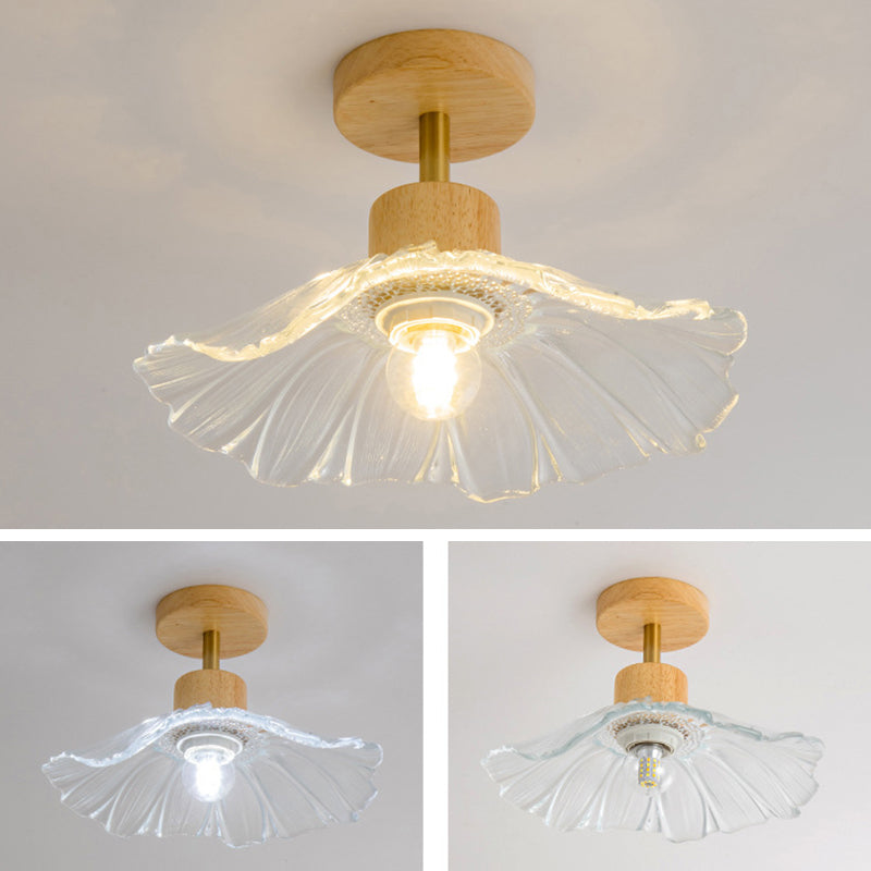 Modern Ceiling Lamp Wooden Flush Mount Light Fixture with Glass Shade for Bedroom