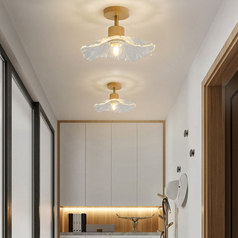 Modern Ceiling Lamp Wooden Flush Mount Light Fixture with Glass Shade for Bedroom