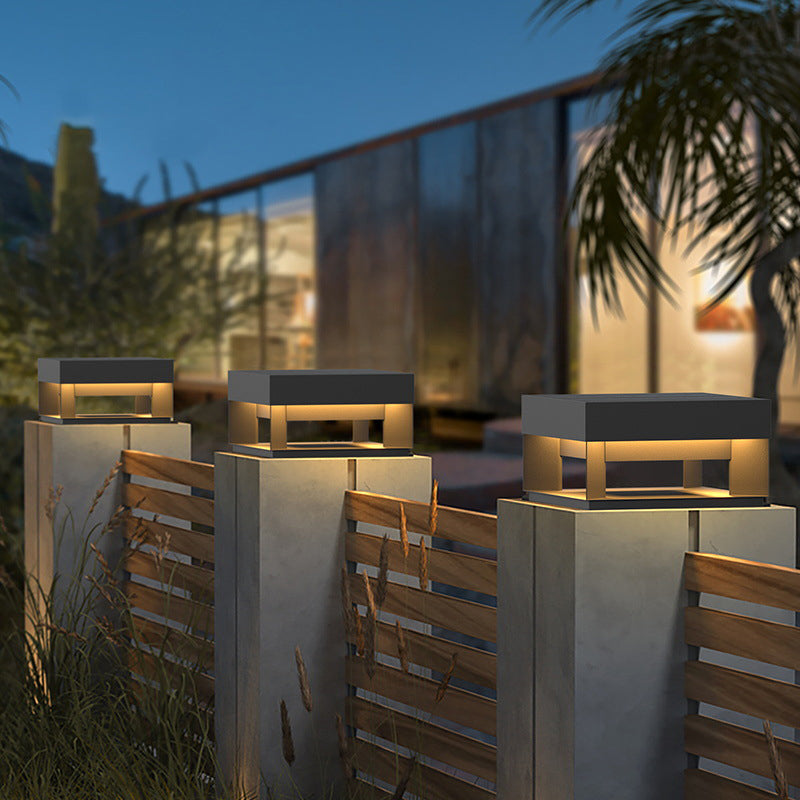 Contemporary Metal Pillar Lamp Square Shape Outdoor Waterproof Light in Black