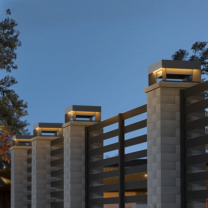 Contemporary Metal Pillar Lamp Square Shape Outdoor Waterproof Light in Black