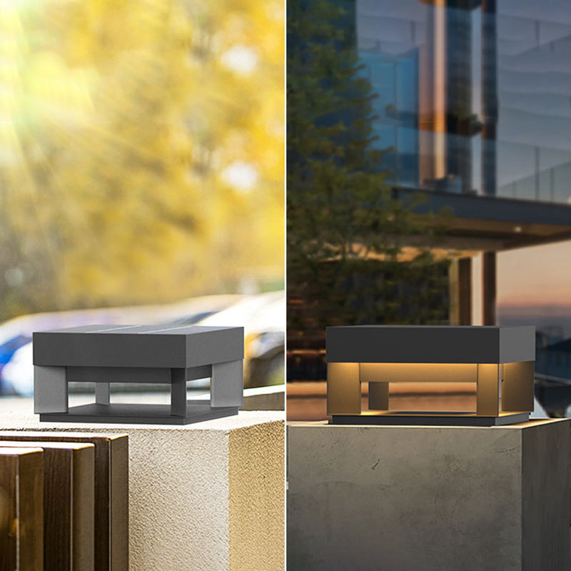 Contemporary Metal Pillar Lamp Square Shape Outdoor Waterproof Light in Black