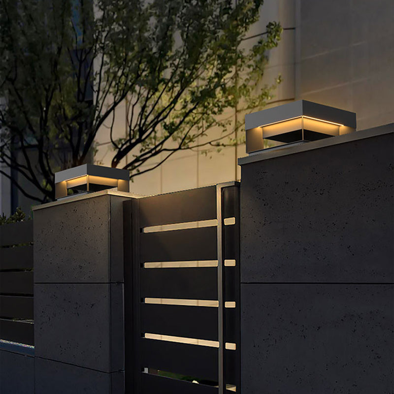 Contemporary Metal Pillar Lamp Square Shape Outdoor Waterproof Light in Black