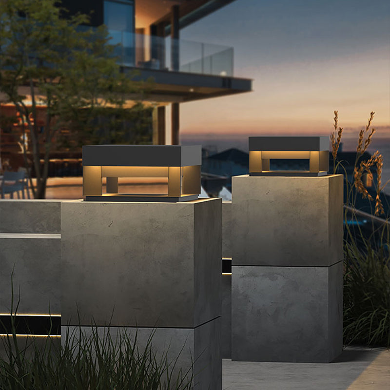 Contemporary Metal Pillar Lamp Square Shape Outdoor Waterproof Light in Black