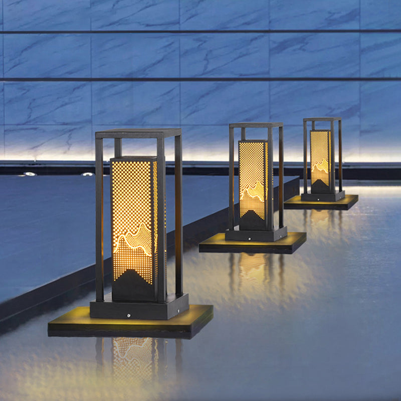 Modern Metal Pillar Lamp Rectangle Outdoor Waterproof Light in Black