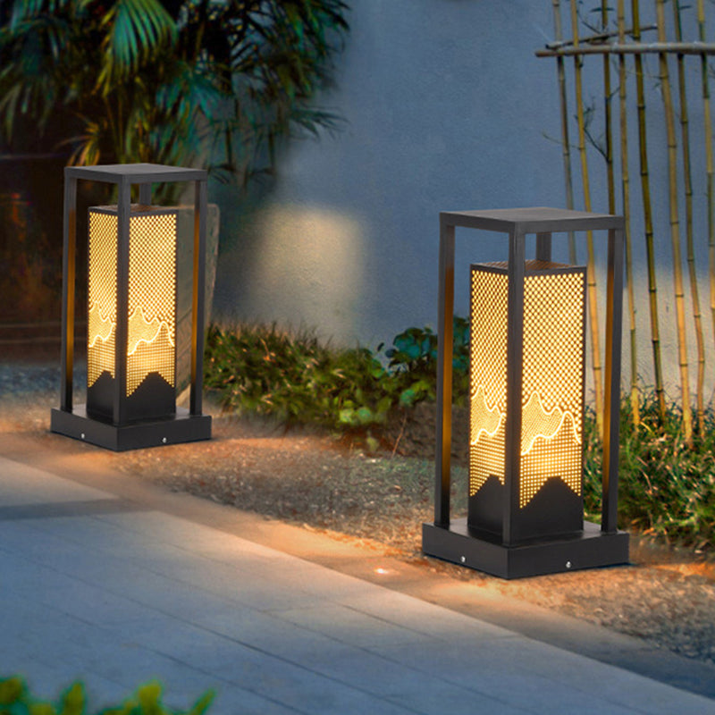 Modern Metal Pillar Lamp Rectangle Outdoor Waterproof Light in Black
