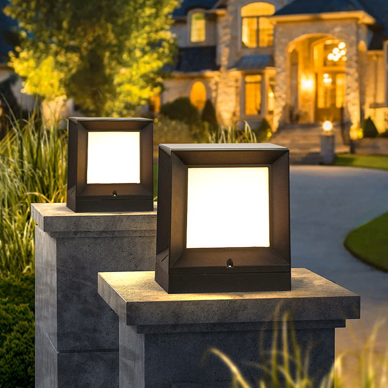 Contemporary Metal Pillar Lamp Rectangle Shape Outdoor Waterproof Light with Plastic Shade