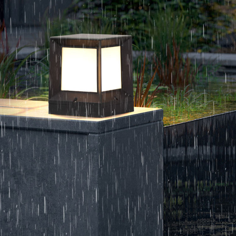 Contemporary Metal Pillar Lamp Rectangle Shape Outdoor Waterproof Light with Plastic Shade