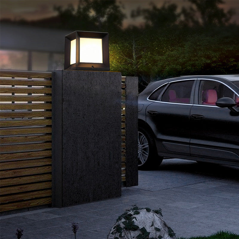 Contemporary Metal Pillar Lamp Rectangle Shape Outdoor Waterproof Light with Plastic Shade
