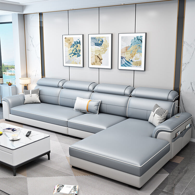 L-Shaped Blue Sectional Sofas Solid Wood Sectional Couch for Living Room