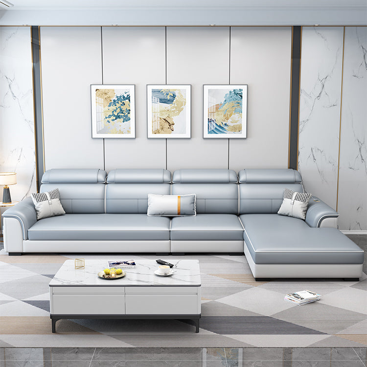 L-Shaped Blue Sectional Sofas Solid Wood Sectional Couch for Living Room