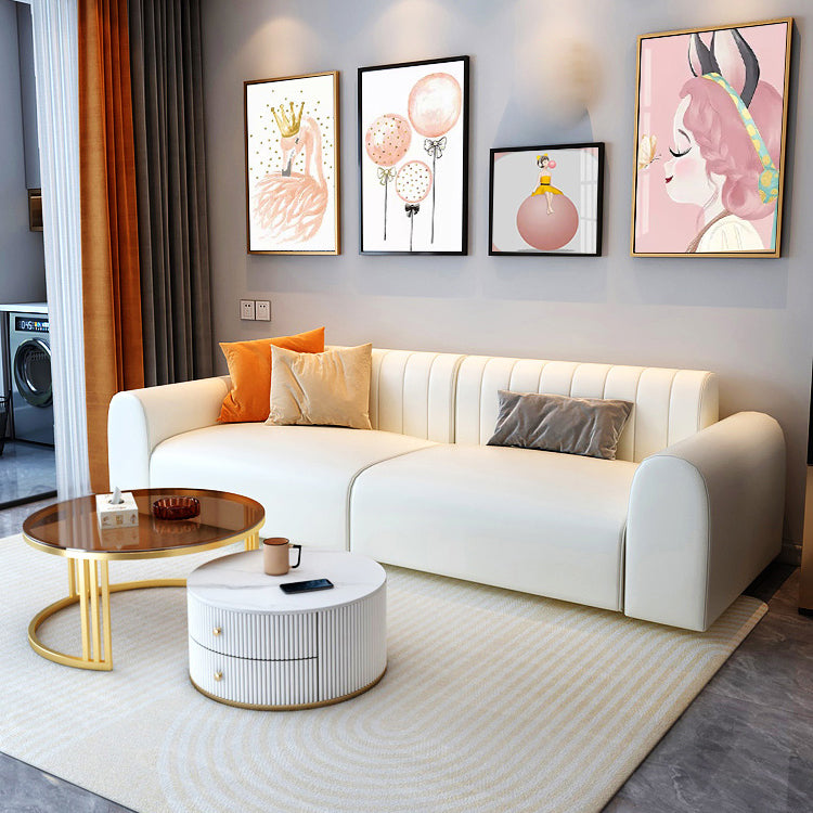 White Square Arm Sectional Sofas Solid Wood Sectional Couch for Living Room