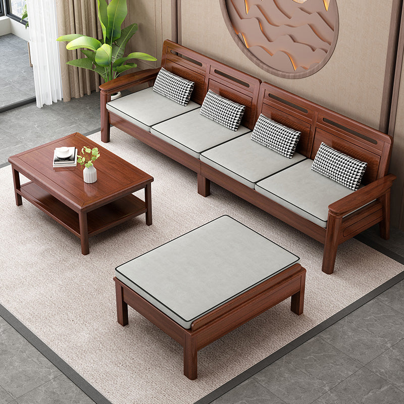 Brown Square Arm Sectional Sofas Solid Wood Sectional Couch for Living Room