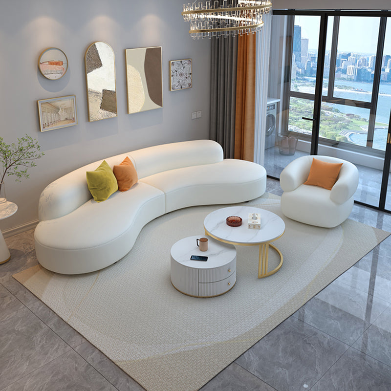 White Cushion Solid Wood Curved Corner Loveseat for Living Room