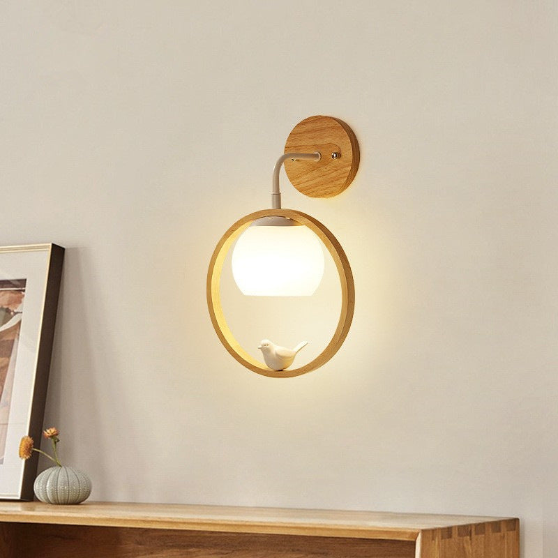 Modern Wood Wall Sconce Circle Shape Wall Light with Glass Shade for Living Room