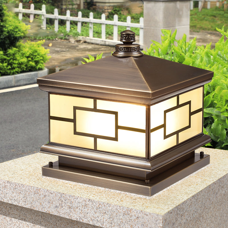 Square Shape Waterproof Pillar Lamp Modern Metal Outdoor Lights in Bronze