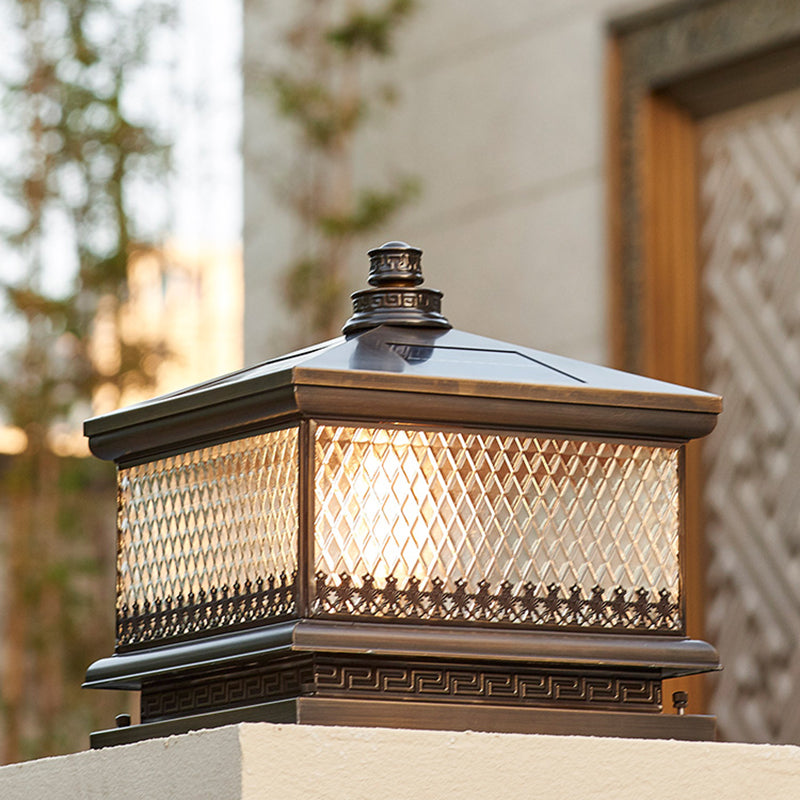 Rectangular Shape Metal Solar Pillar Lamp Modern Style 1 Light Outdoor Lights in Bronze
