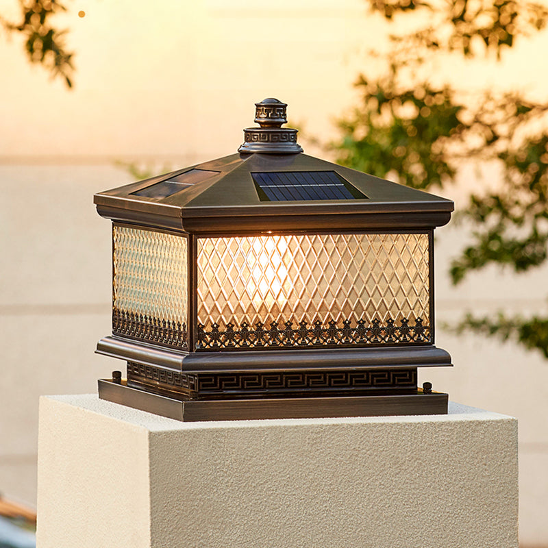 Rectangular Shape Metal Solar Pillar Lamp Modern Style 1 Light Outdoor Lights in Bronze