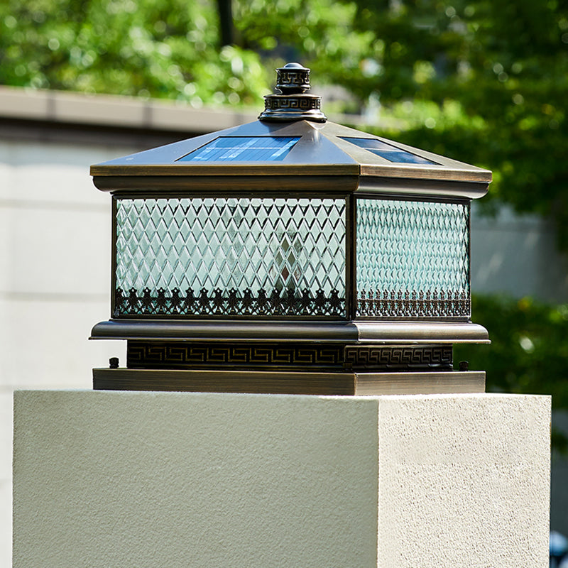 Rectangular Shape Metal Solar Pillar Lamp Modern Style 1 Light Outdoor Lights in Bronze