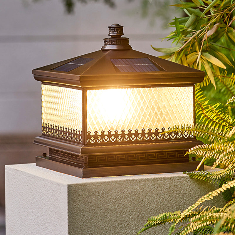 Rectangular Shape Metal Solar Pillar Lamp Modern Style 1 Light Outdoor Lights in Bronze