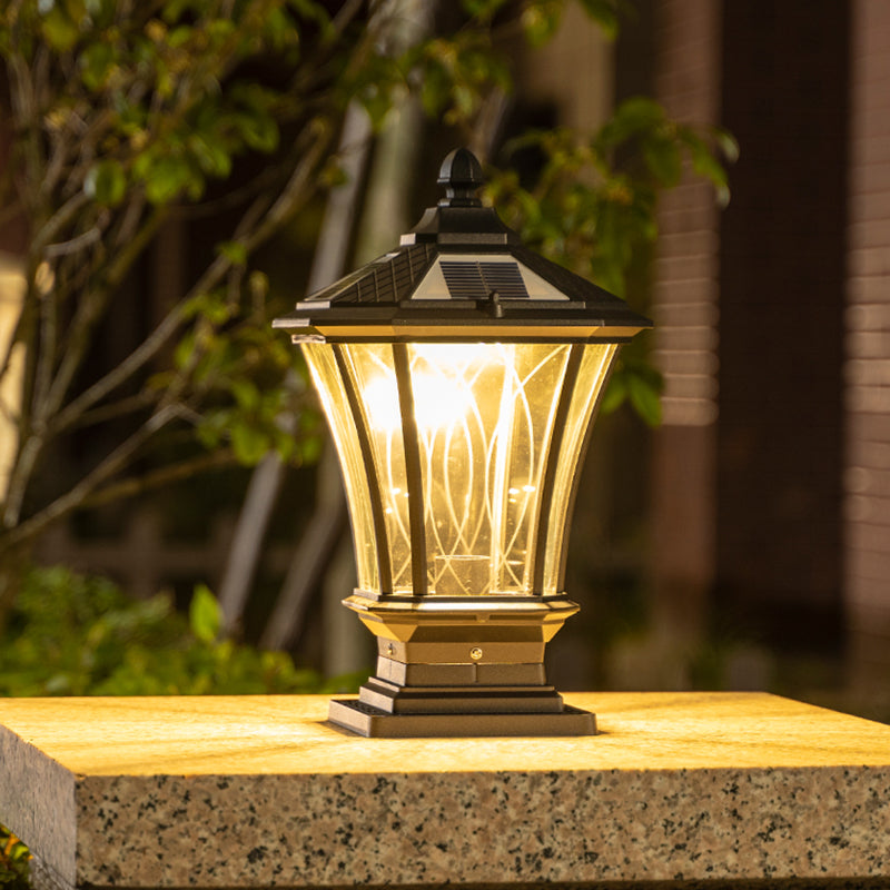 Metal Rectangular Shape Solar Pillar Lamp Modern 1-Light Outdoor Light in Black