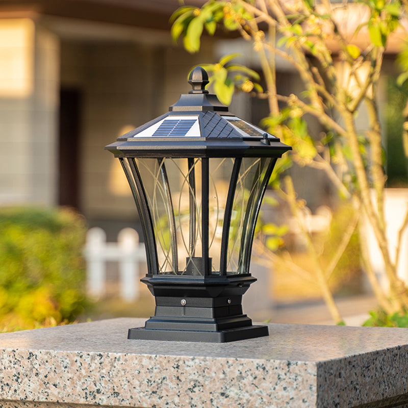 Metal Rectangular Shape Solar Pillar Lamp Modern 1-Light Outdoor Light in Black